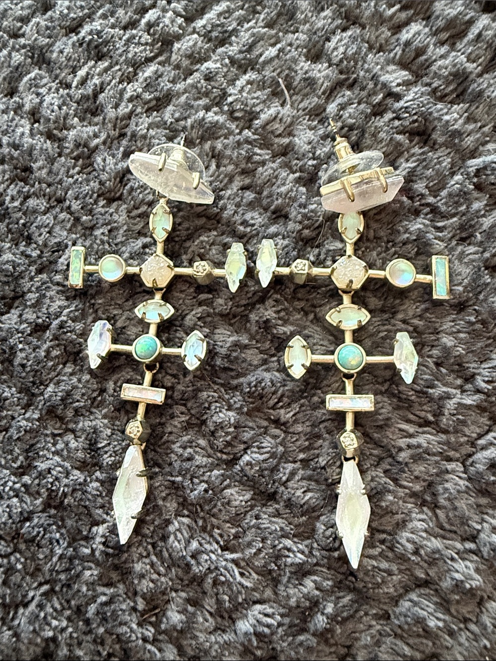 Kendra Scott Gold Cross Drop Earrings with Opalescent and Aqua Stones
